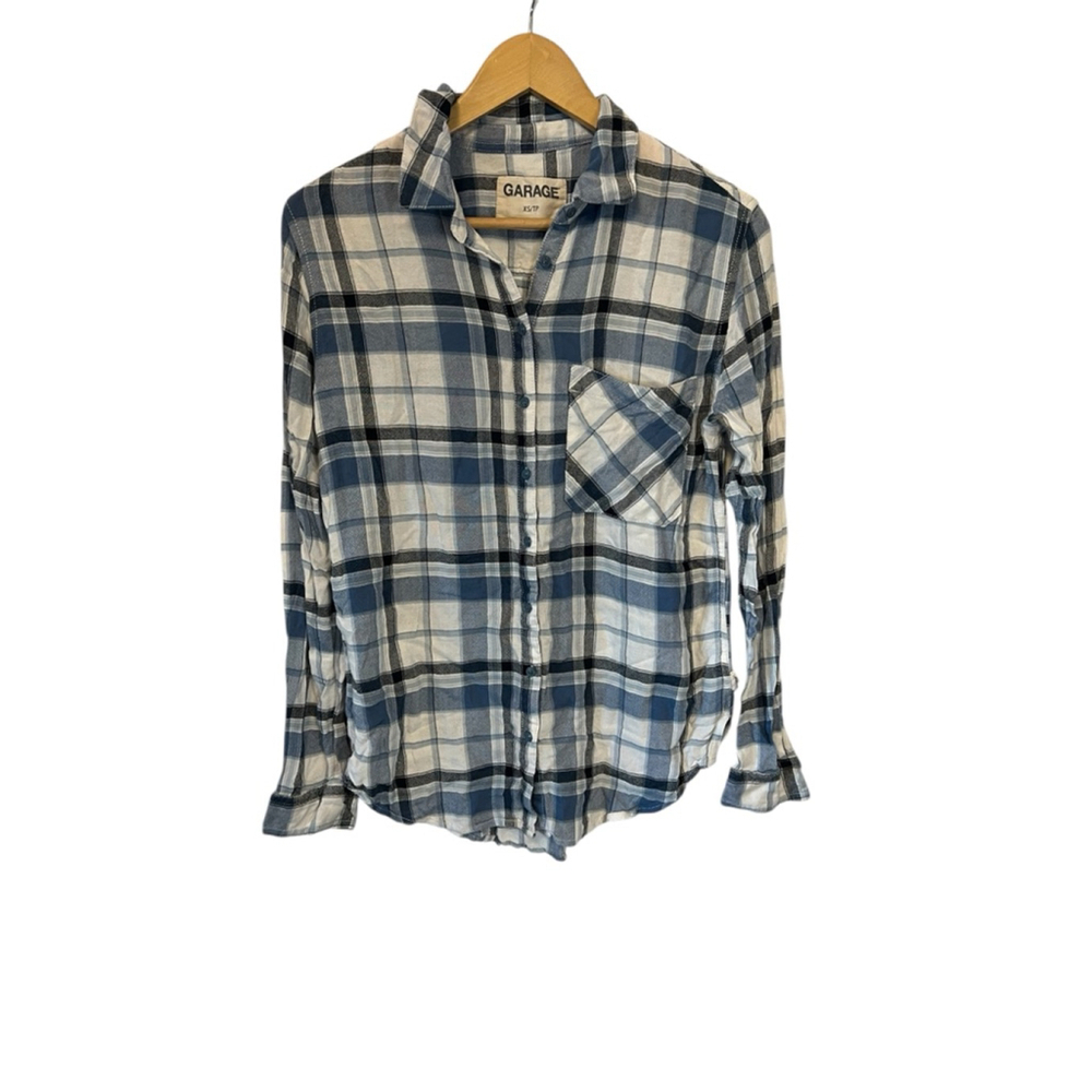 Garage Blue Plaid Button Up Shirt Women’s XS Long Sleeve Flannel Pocket Top